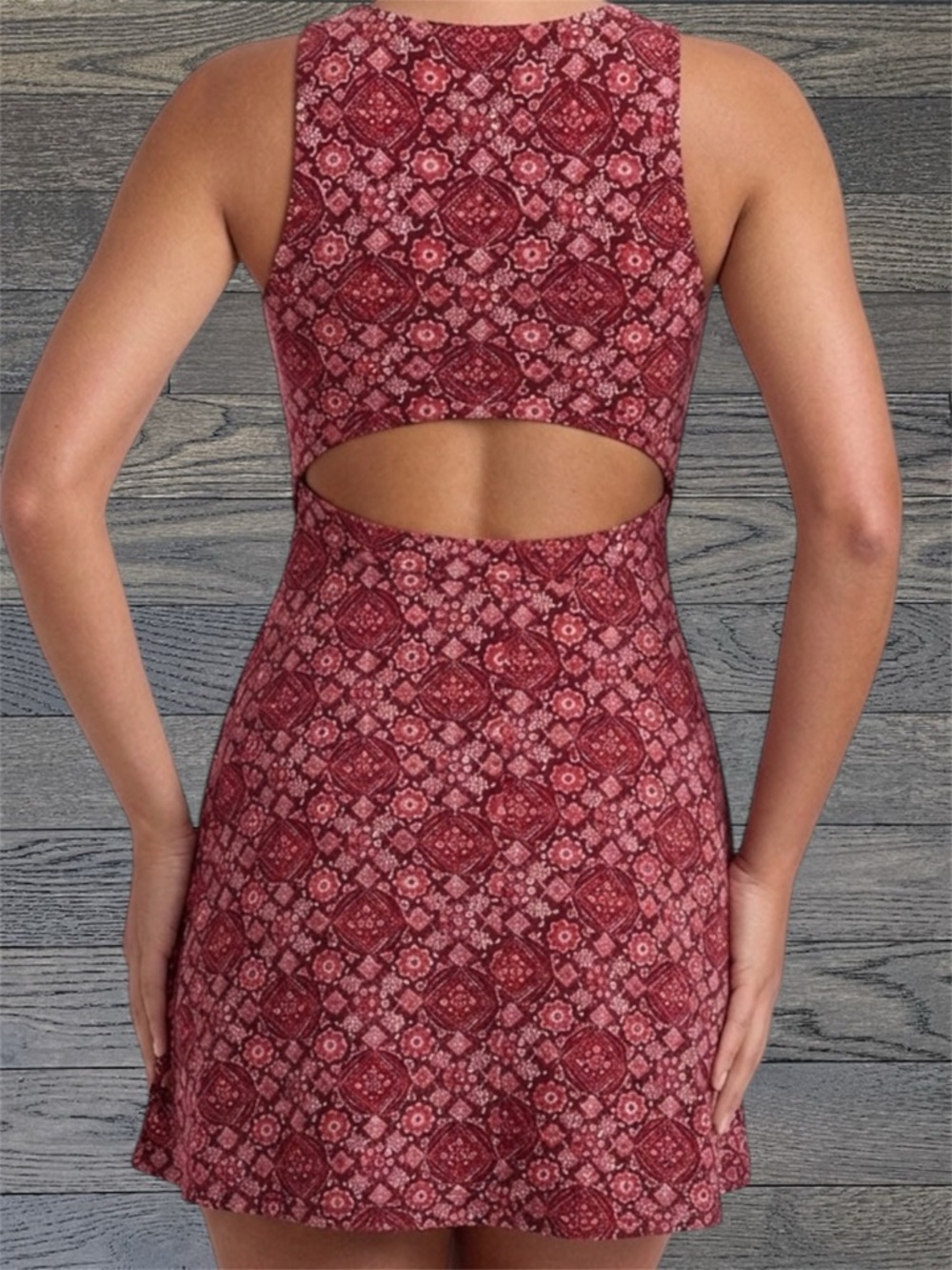 Hollister Red Maroon Pattern Open Back Skater Y2K Mini Dress Size M